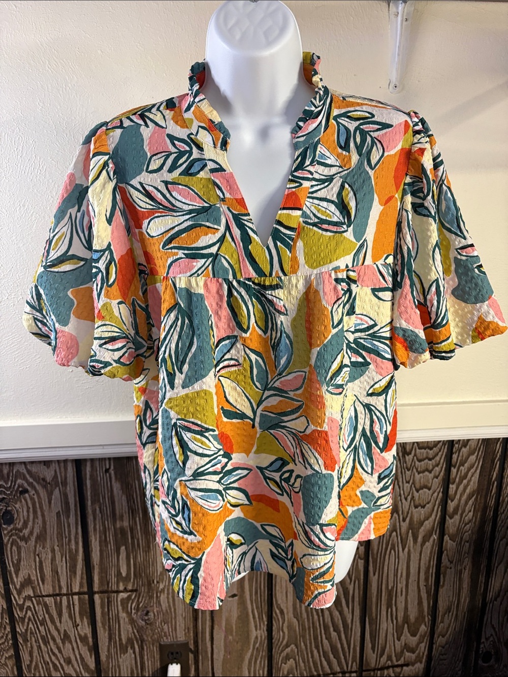 THML Short-Sleeve Leaf Print Shirt in Green, Yellow, Pink, Coral